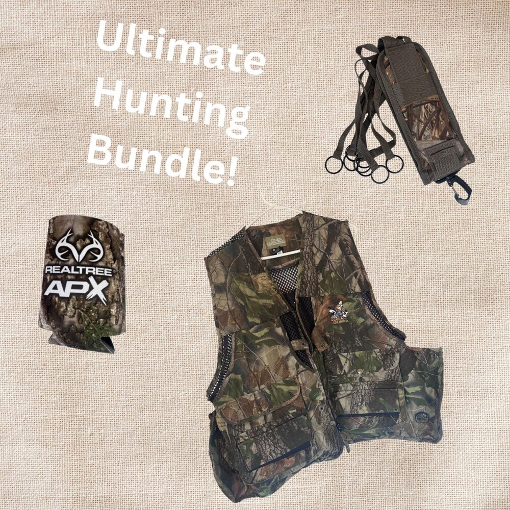 Quail Unlimited Realtree Camo Hunting Vest + Duck Strap Carrier Bundle L
